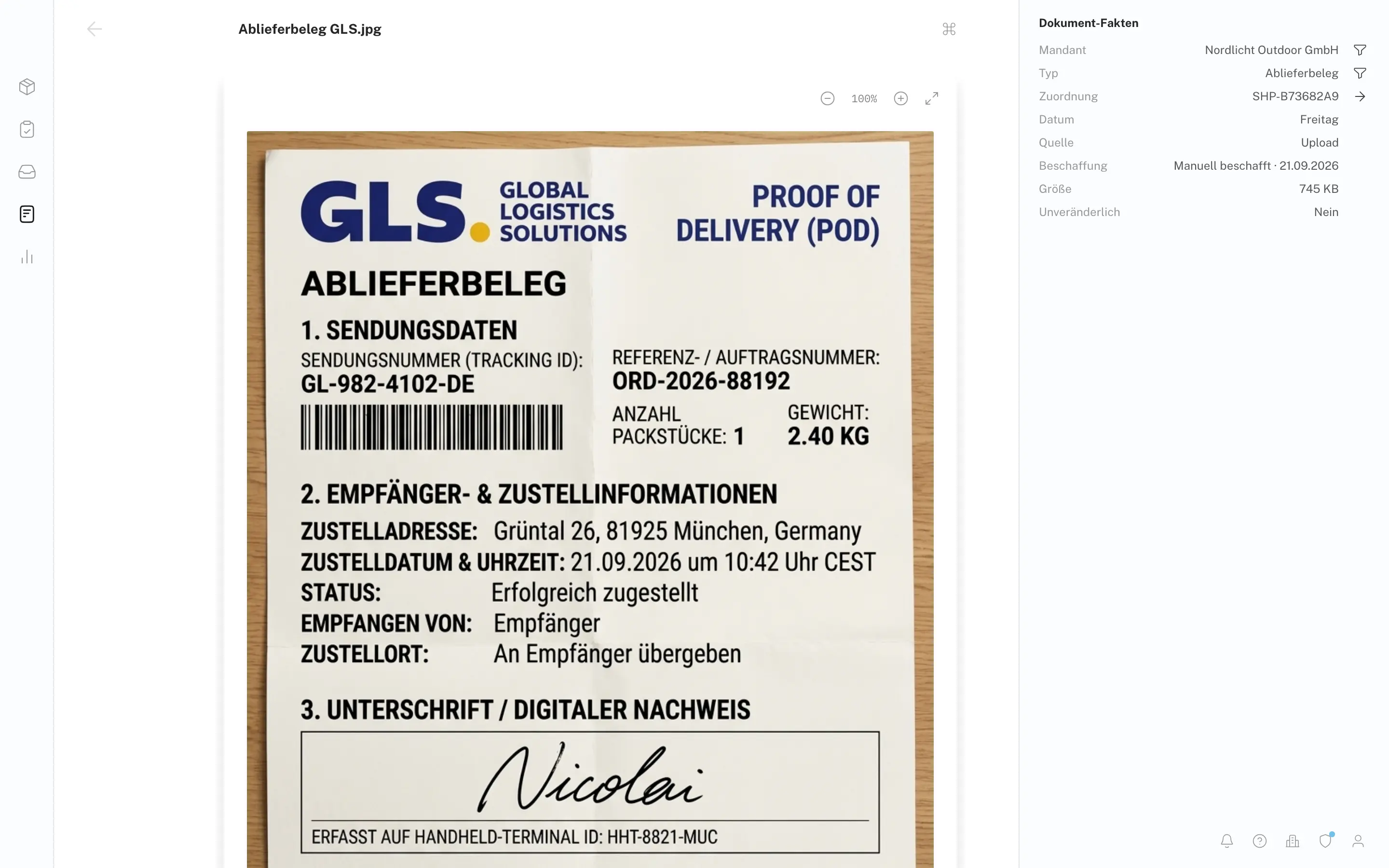 Dokumentansicht der Plattform: Vorschau eines Ablieferbelegs mit Sendungsnummer, Zustelladresse und Unterschrift, rechts die Dokument-Fakten mit Typ, Zuordnung zur Sendung, Quelle und Größe