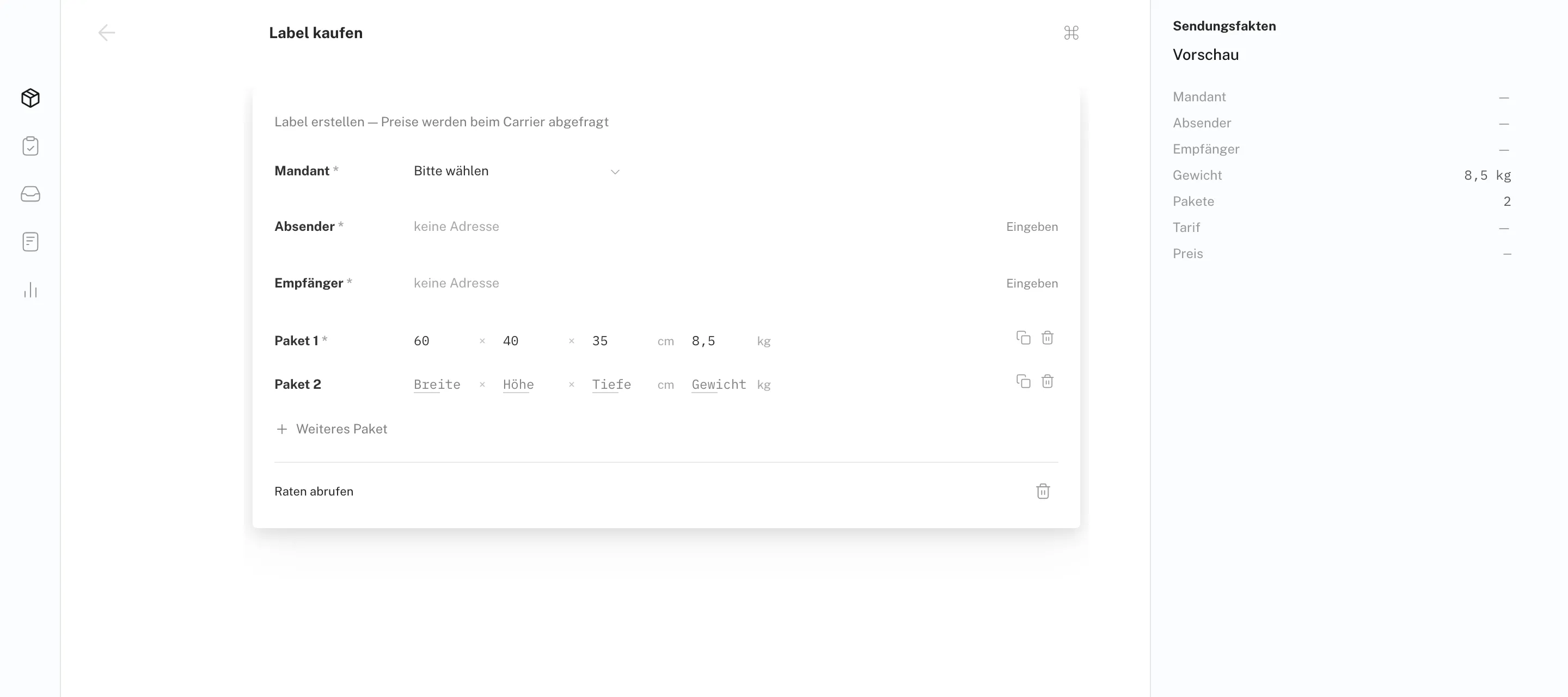 Label-Assistent der Plattform: Formular „Label kaufen“ mit Absender, Empfänger und Paketmaßen, rechts die Sendungsfakten