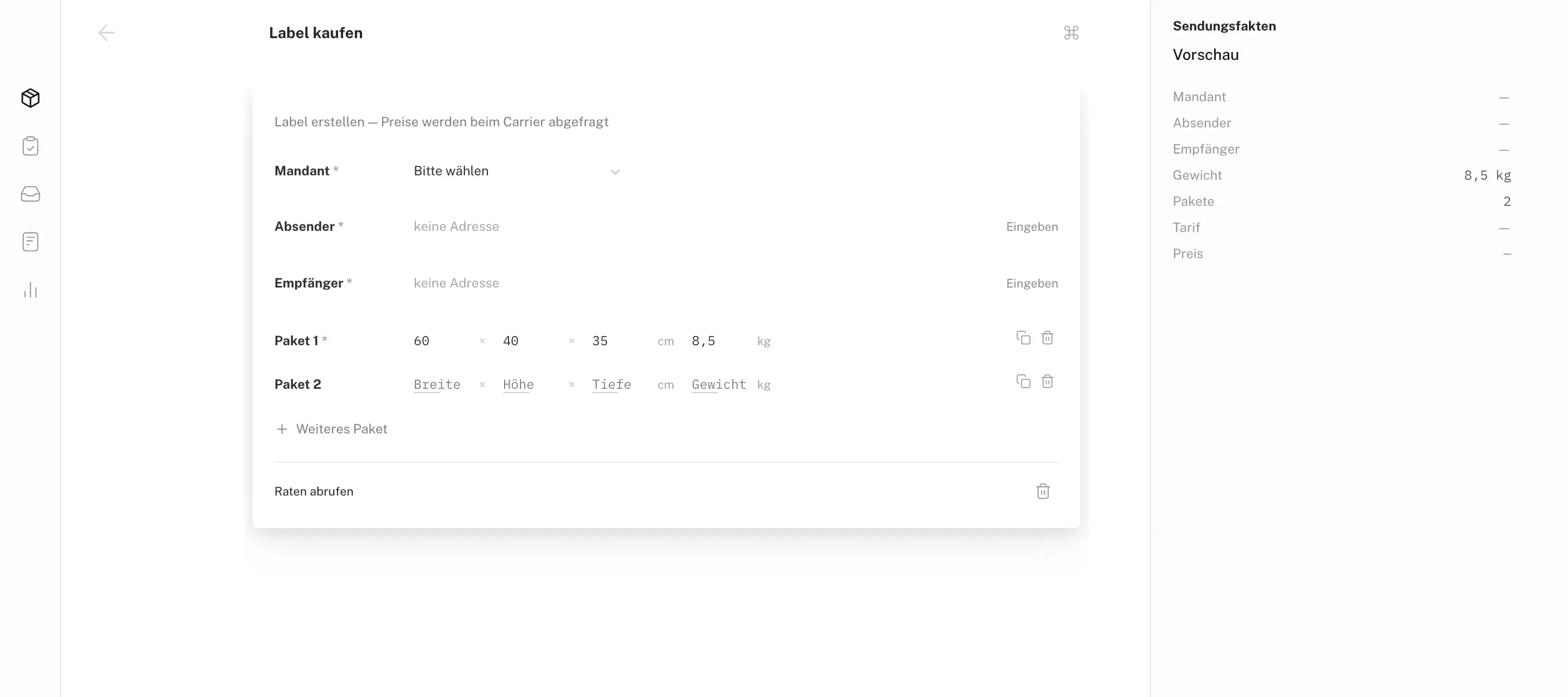Label-Assistent der Plattform: Formular „Label kaufen“ mit Absender, Empfänger und Paketmaßen, rechts die Sendungsfakten