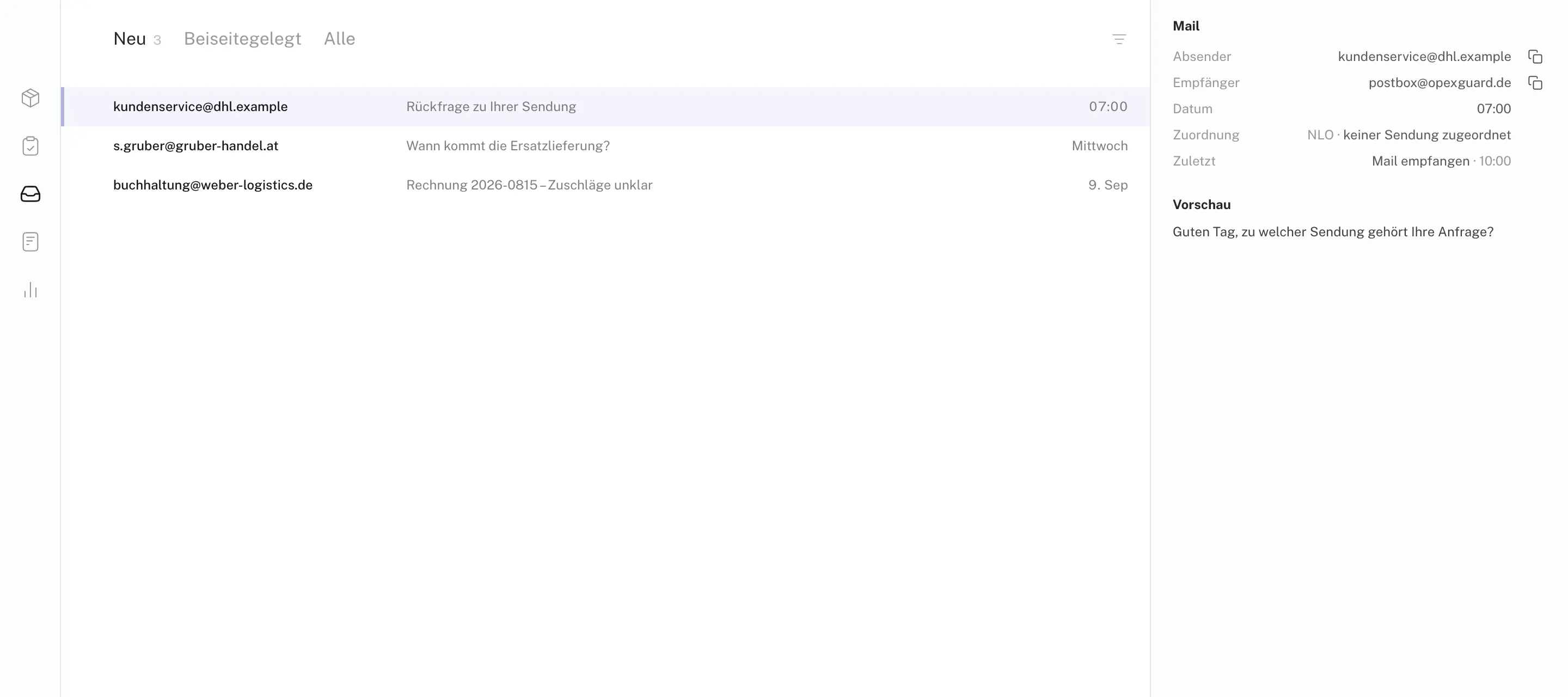 Posteingang der Plattform: eingehende Mails von Carriern und Kunden, rechts Zuordnung zur Sendung
