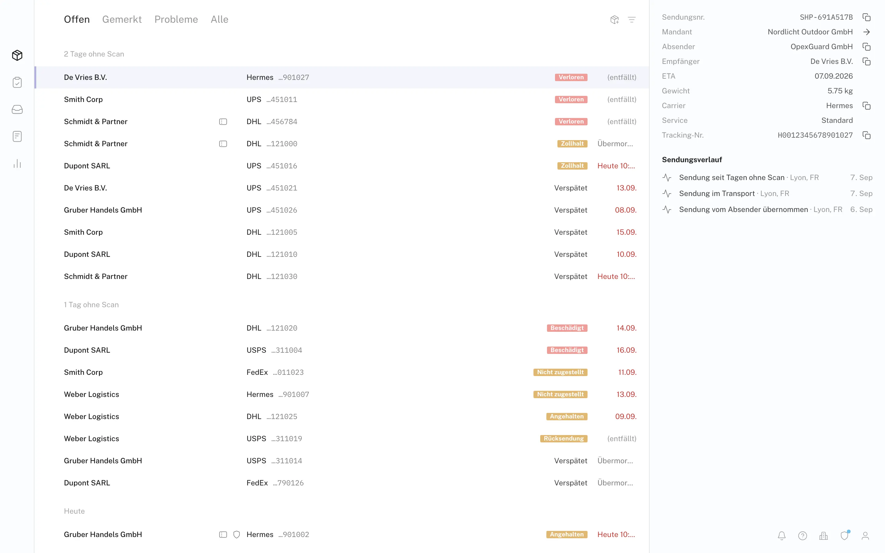 Die OpexGuard-Plattform: Tracking-Liste mit offenen Sendungen aller Carrier, Status und Inspector mit Sendungsverlauf
