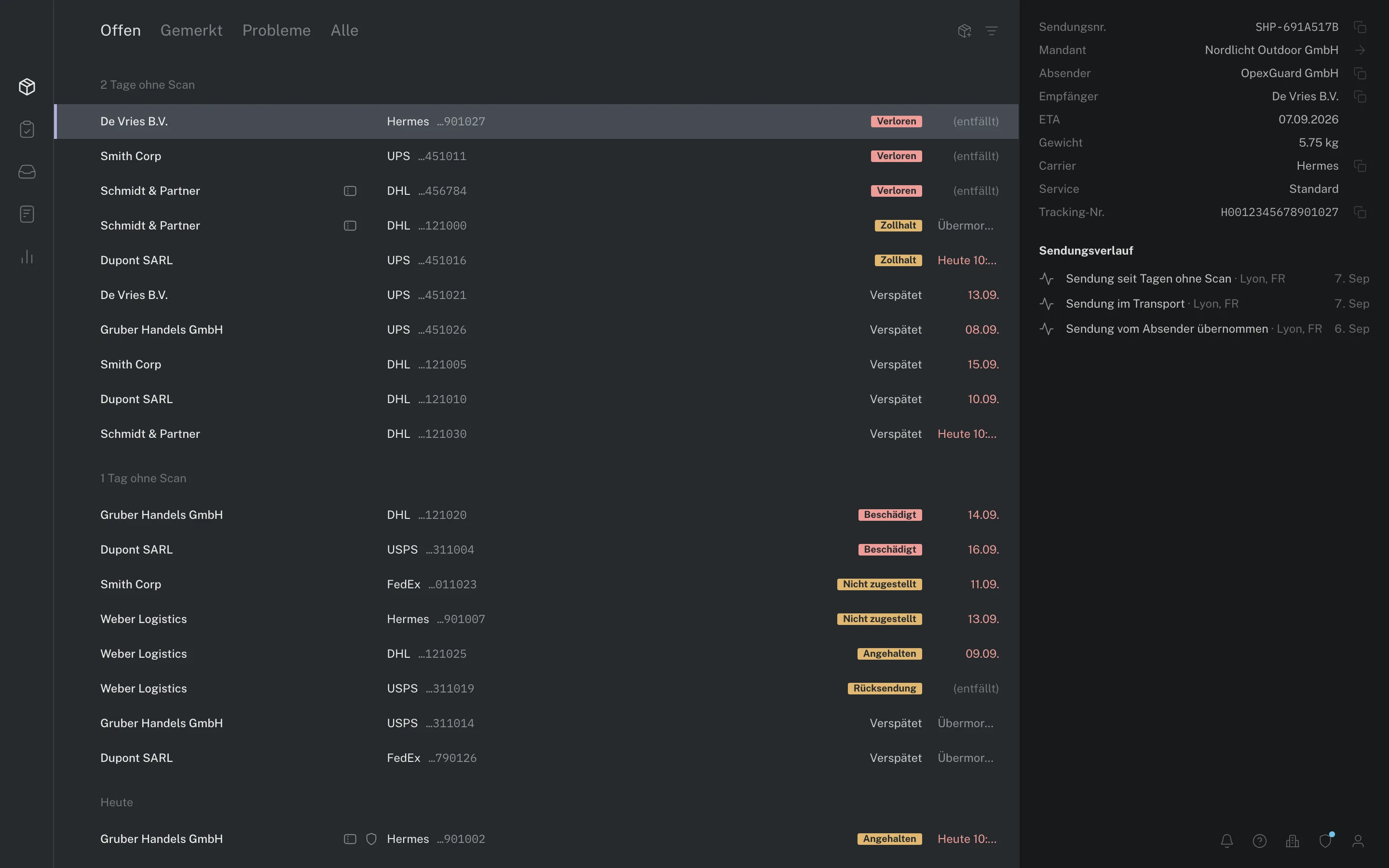 Die OpexGuard-Plattform: Tracking-Liste mit offenen Sendungen aller Carrier, Status und Inspector mit Sendungsverlauf