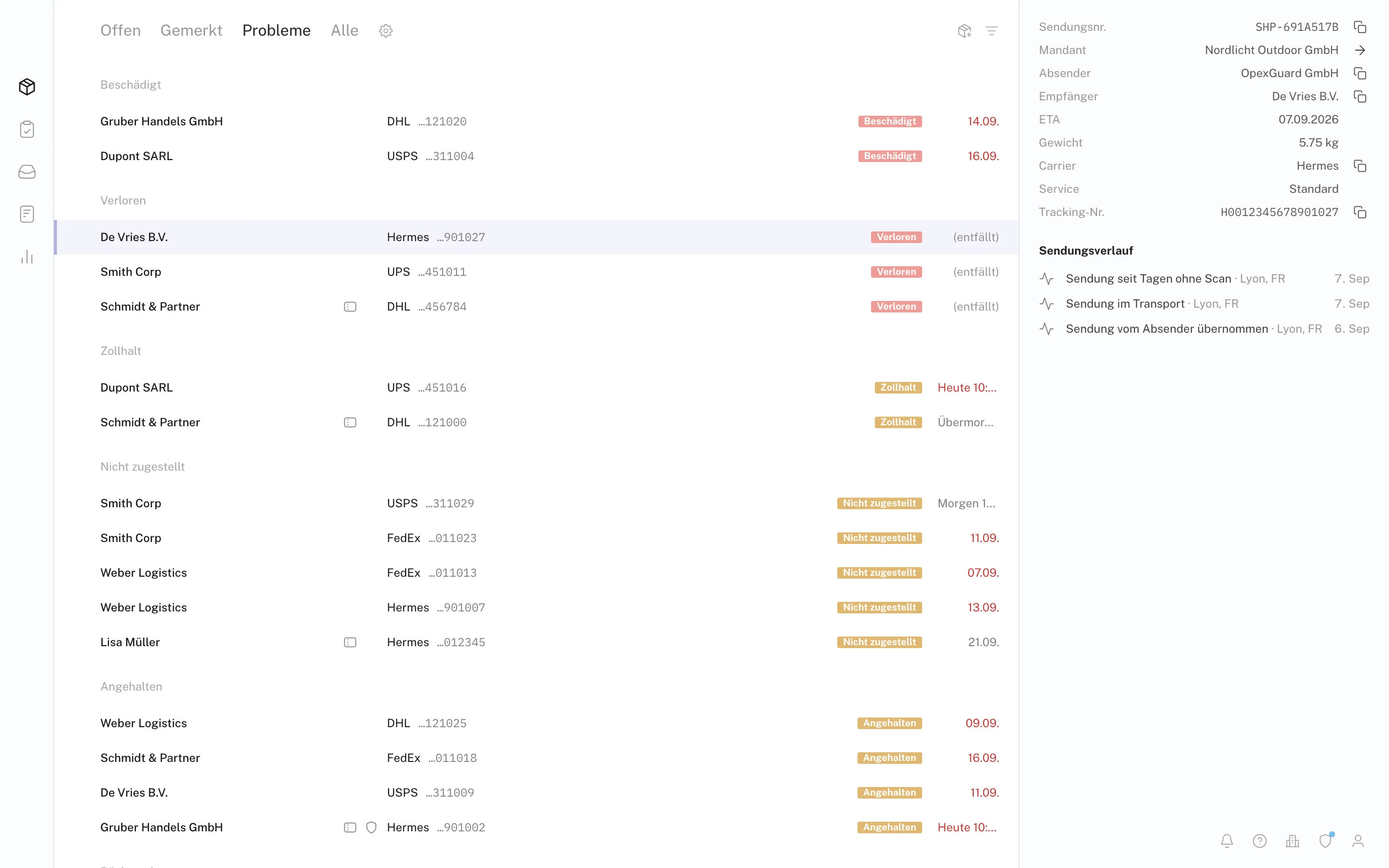 Tracking-Liste der Plattform, Reiter „Probleme“: Sendungen mit Status Beschädigt, Verloren, Zollhalt und Nicht zugestellt, gruppiert nach Art des Problems